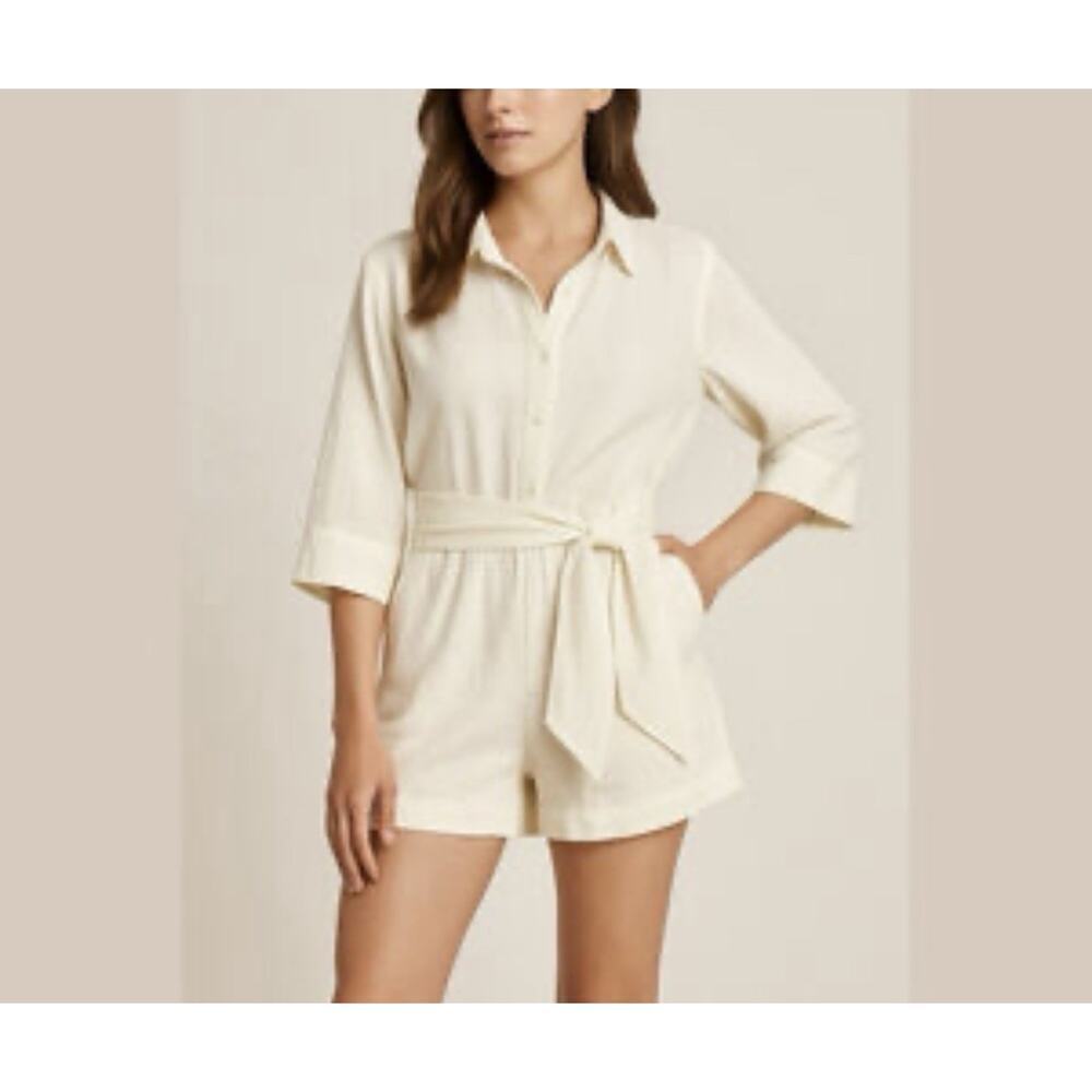 Free Assembly Linen Blend Belted Waist Shorts Romper Women’s Size XS Cream